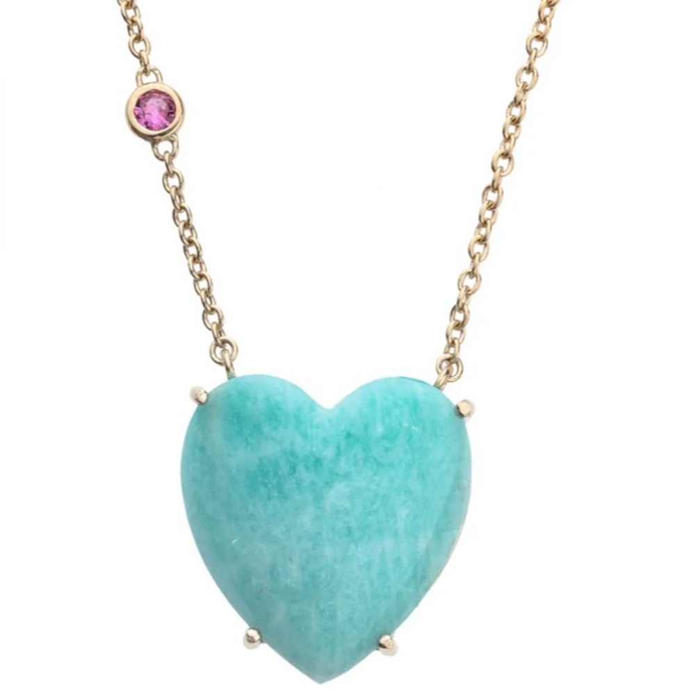 Jane Win LOVE Amazonite Carved Heart Necklace with Gold Setting